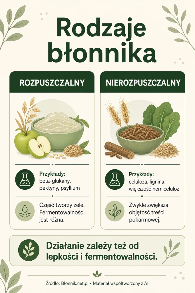 Infografika porównująca błonnik rozpuszczalny i nierozpuszczalny oraz wskazująca znaczenie lepkości i fermentowalności.